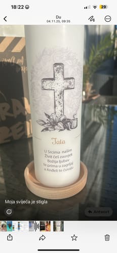 Customer photo review of Große Kerze "Vintage Kreuz" - Trauerkerze mit Namen & Wunschtext