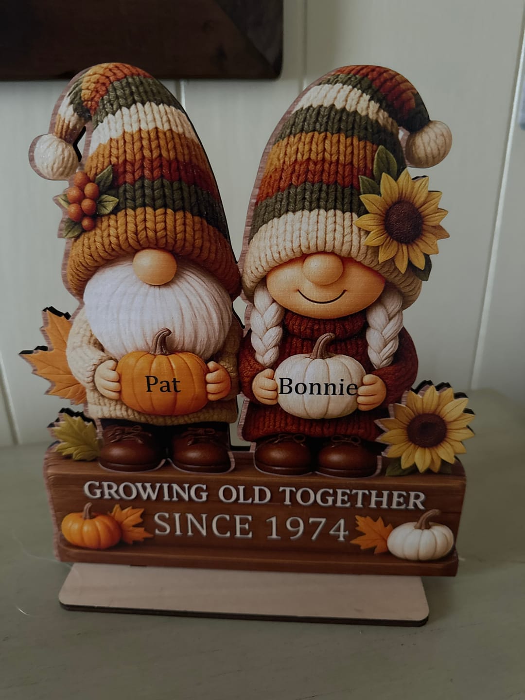 Customer photo review of Personalized "Growing Old Together" Gnome Plaque With Couple Names & Sunflowers Pumpkins Autumn's Warm Charm For Couple Gift For Grandparent