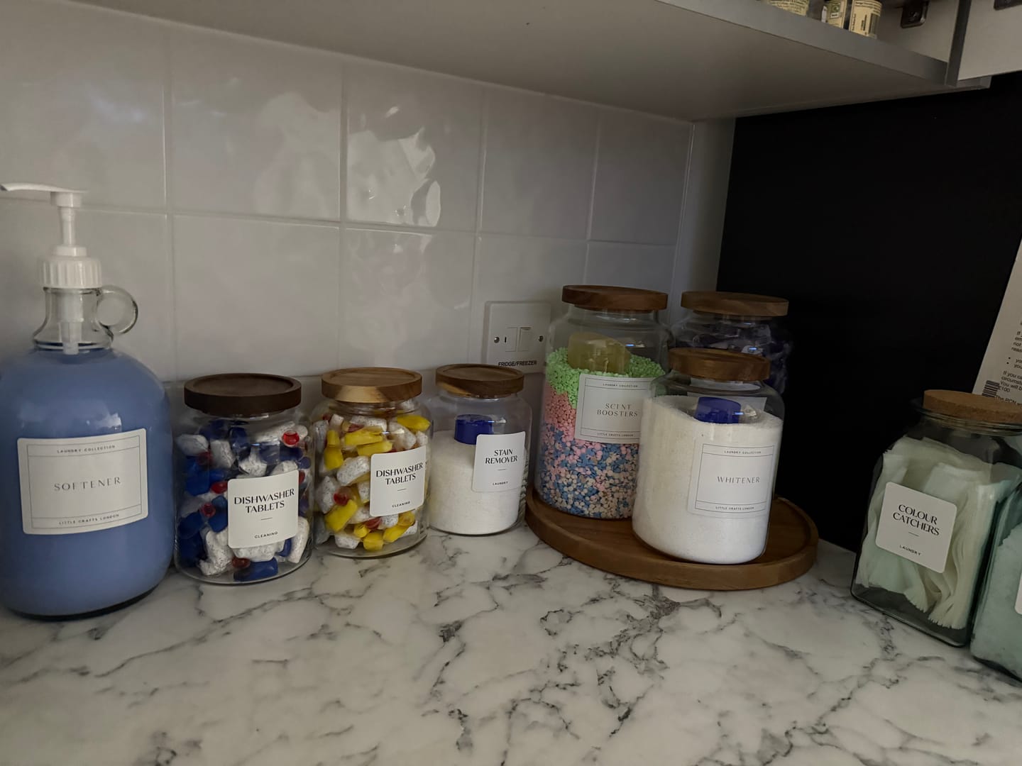 Customer photo review of Set of 3 Acacia Large Laundry Jars & Round Acacia 31.5 CM Diameter Tray