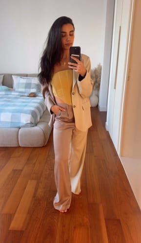 Customer photo review of Girl Boss Avant-garde Contrast Colors Lapel Boyfriend Blazer and Pocketed Wide Leg Pants Set