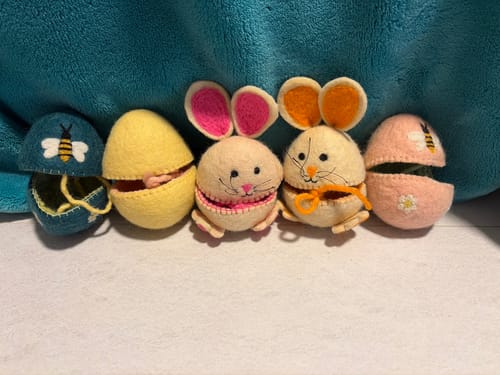 Customer photo review of Felt Egg Cover - Hopping Bunny with Orange Ears