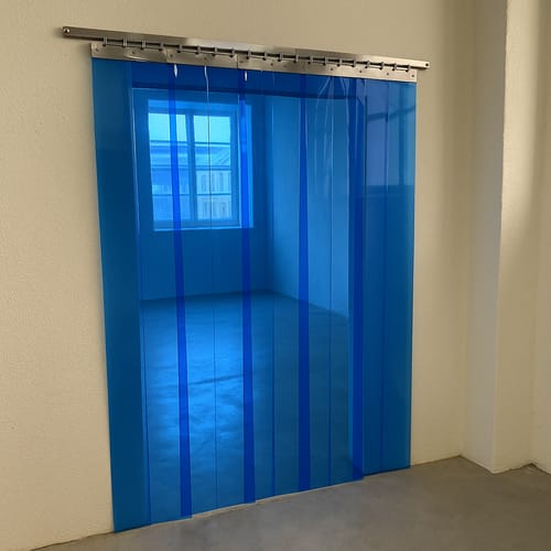 Customer photo review of Transparent Blue Exhibition Strip Curtains Hook-On PVC for Galleries, Events Energy-Efficient, Easy Access, Customisable Stainless Steel Rails Included