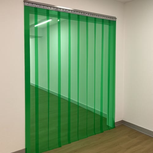 Customer photo review of Transparent Green Exhibition & Event Strip Curtains Hook-On Kit for Galleries & Spaces Includes Stainless Steel Rails & Prepped PVC Strips