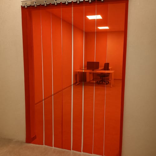 Customer photo review of Transparent Red Creative Interior Strip Curtains (Hook-On) - Energy-Saving Colourful PVC Screen for Offices & Workspaces Easy to Install