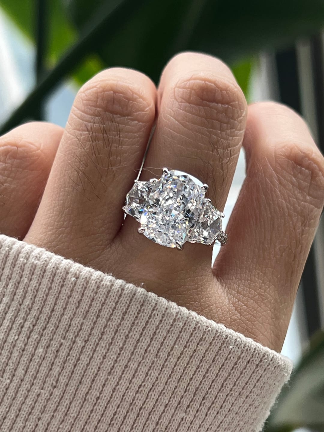 Customer photo review of 6.0 Ct Elongated Cushion Cut Simulated Diamond Three-Stone Travel Engagement Ring in S925 Sterling Silver