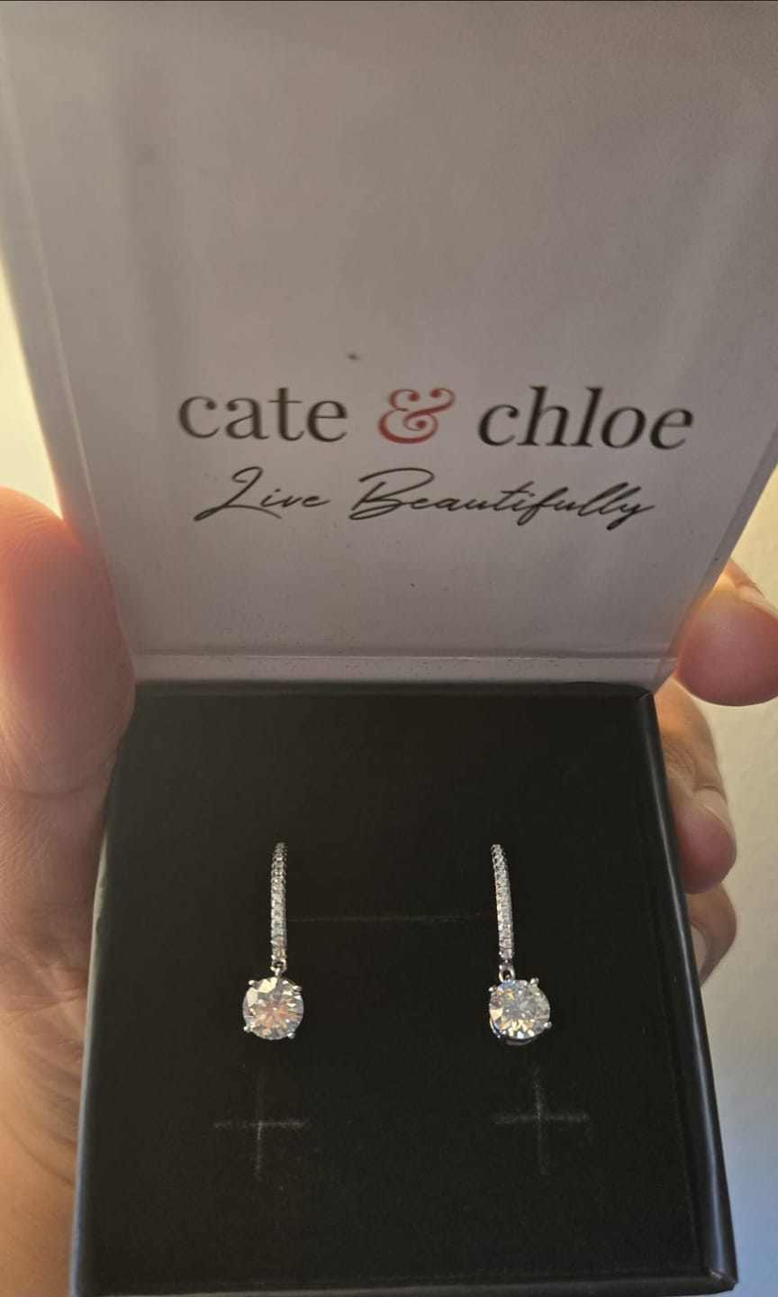Customer photo review of Moissanite by Cate & Chloe Finley 18k Gold Plated 925 Sterling Silver Dangle Earrings 2.13tcw
