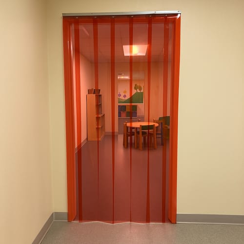 Customer photo review of Transparent Red Nursery Freeflow Curtains (QuickMount) Child-Safe, Easy Install, Vibrant PVC, Weather-Resistant for Schools & Nurseries, 0°C to +40°C