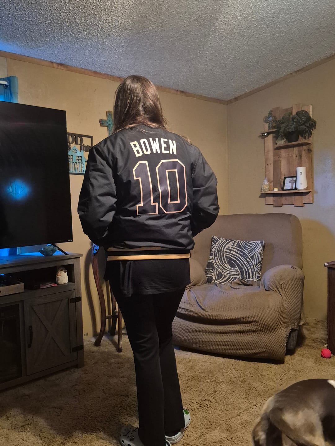 Customer photo review of Custom Black Black-Old Gold Varsity Full-Zip Letterman Bomber Jacket