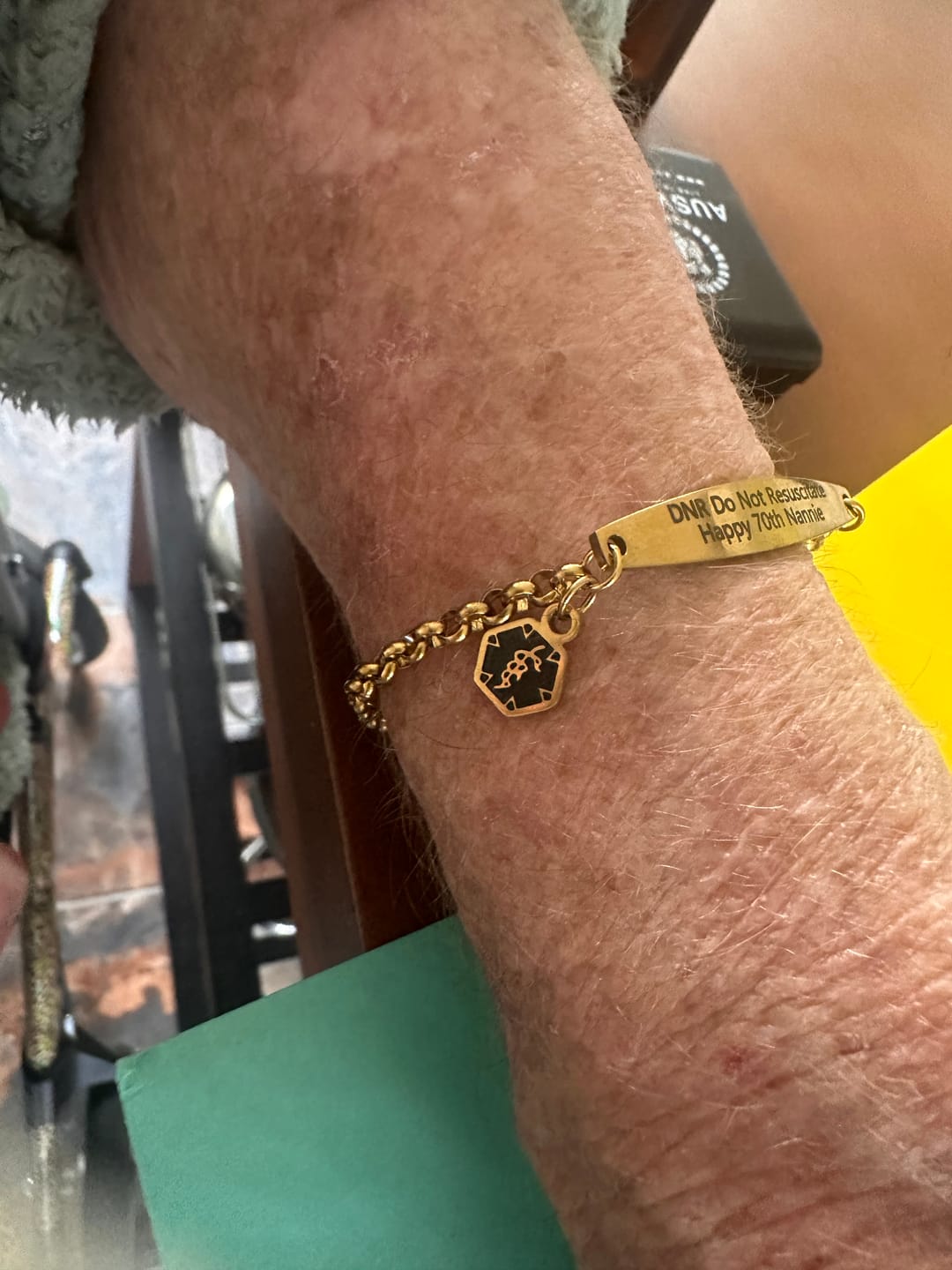 Customer photo review of Gold Colour Medical Alert Bracelet with Medical Charm