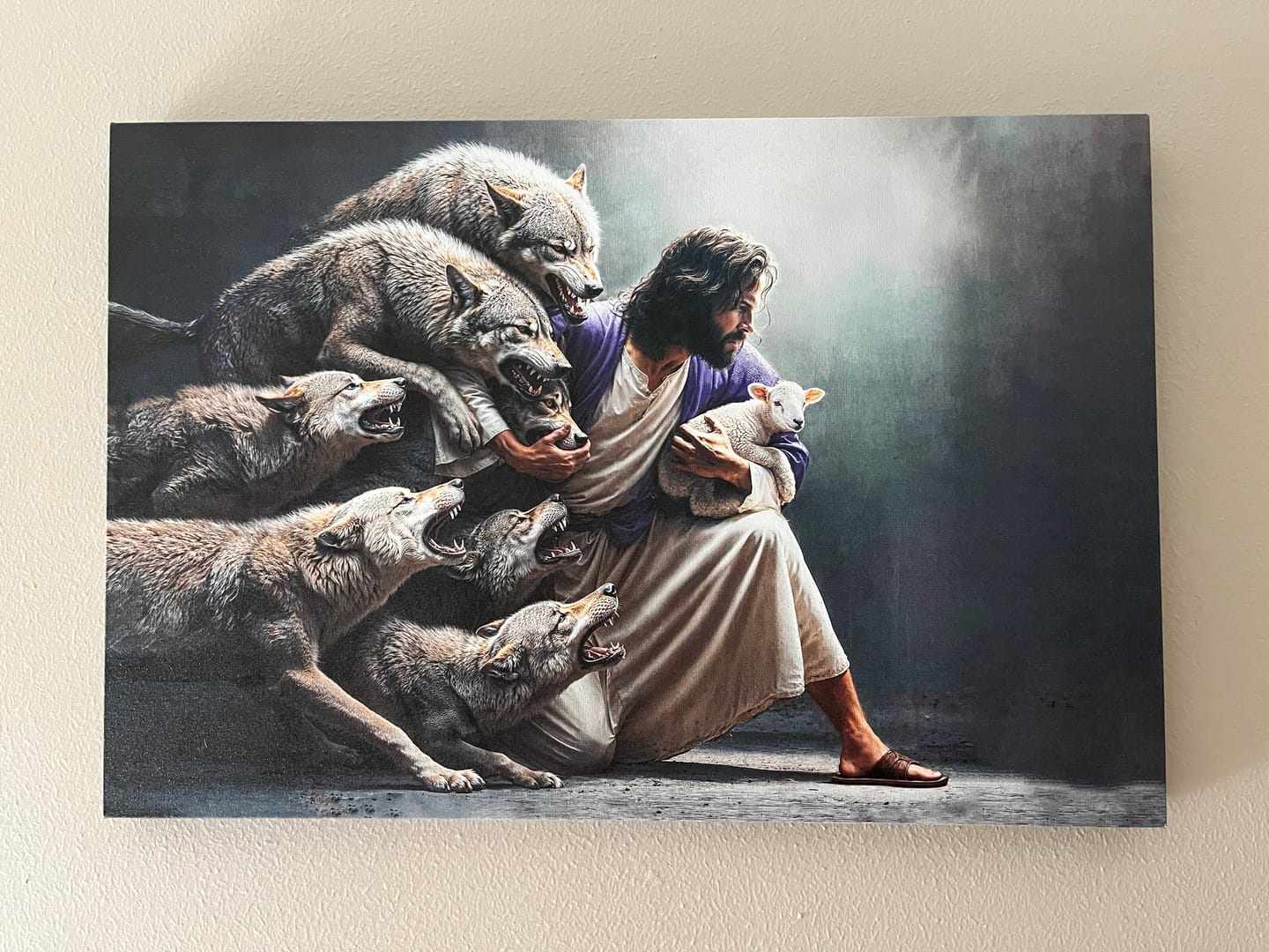 Customer photo review of Jesus Protects The Lamb From Wolves Wall Art Canvas
