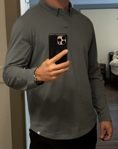 Customer photo review of Long-Sleeve Biz Polo: Dusk Sage