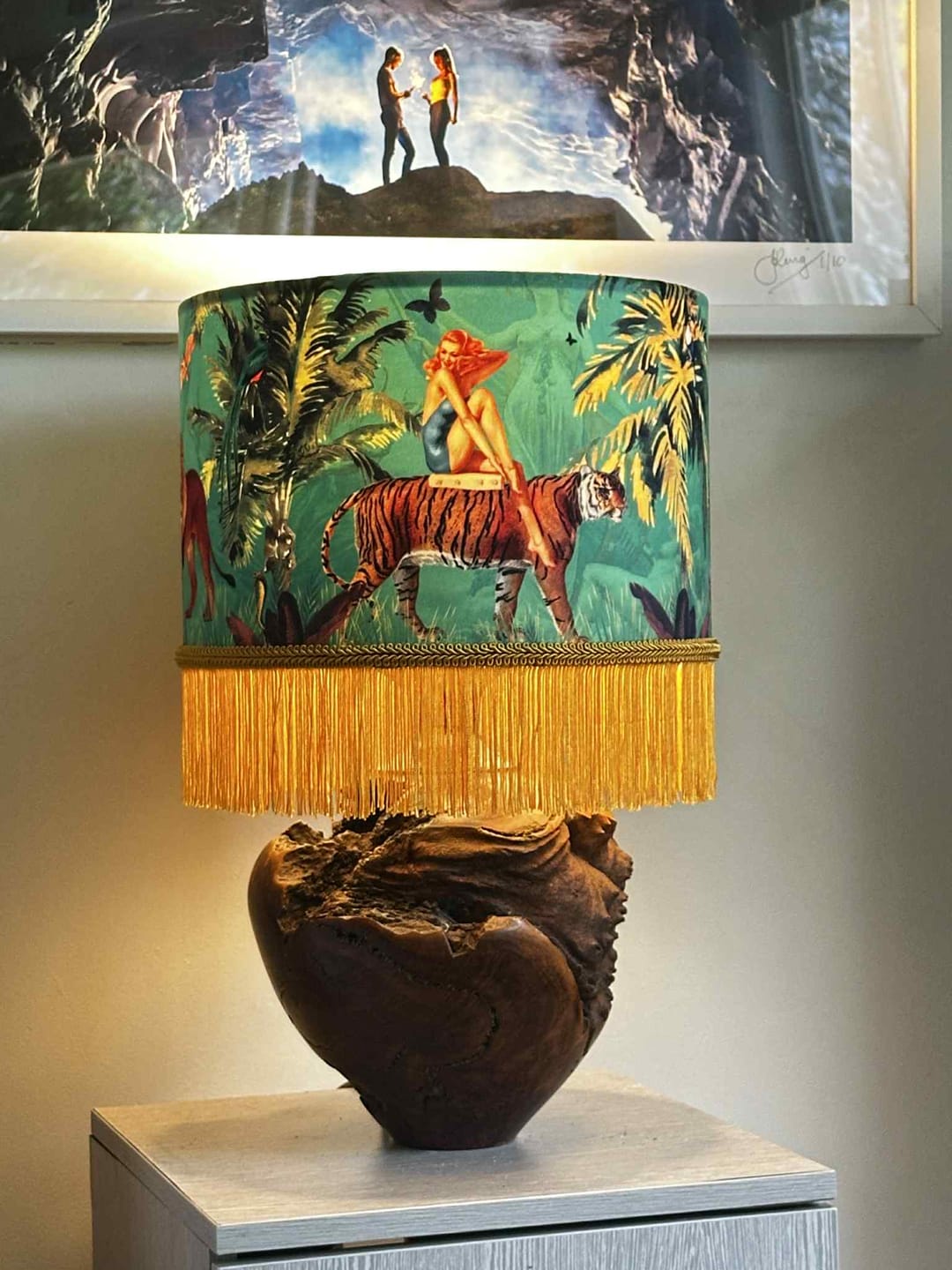 Customer photo review of Queen K Jungle Walk Green Tassel Fringed Drum Lampshade