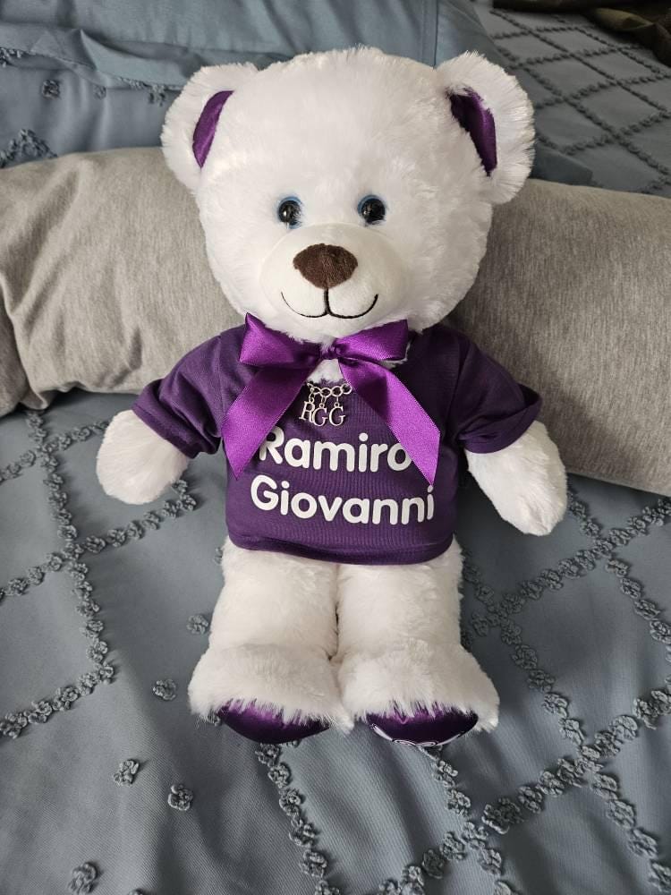 Customer photo review of CUSTOM Plushie T-SHIRT, Fits 16-inch Stuffed Animals, Plushie Clothing, Personalized Photo and Text Shirt
