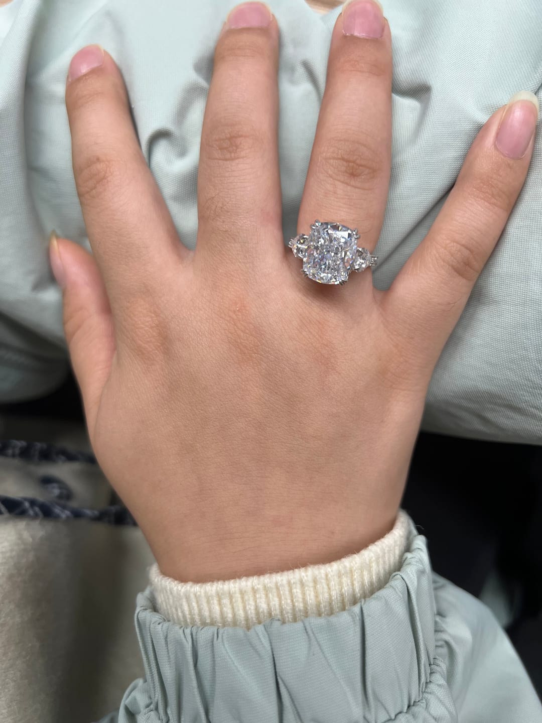 Customer photo review of S925 6.0Ct Cushion Cut Three Stone Engagement Ring Simulated or Moissanite Diamond Bridal Rings For Women