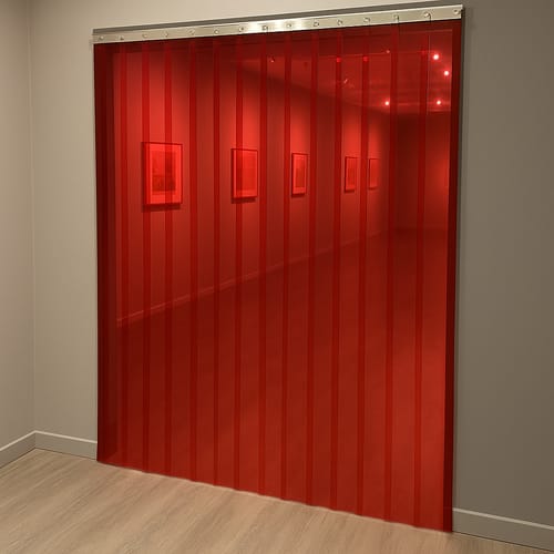 Customer photo review of Transparent Red Exhibition Strip Curtains – Creative, Energy-Saving Kit with Stainless Steel Rails