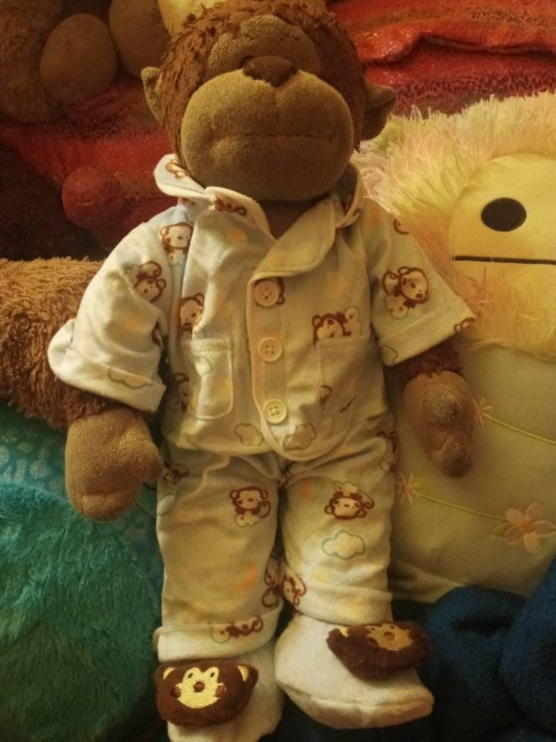 Customer photo review of MONKEY PJs with Slippers Stuffed Animal Outfit | Fits BAB & 14 to 16 Inch Plush Animals | Plushie Clothing | Stuffed Animal Accessory