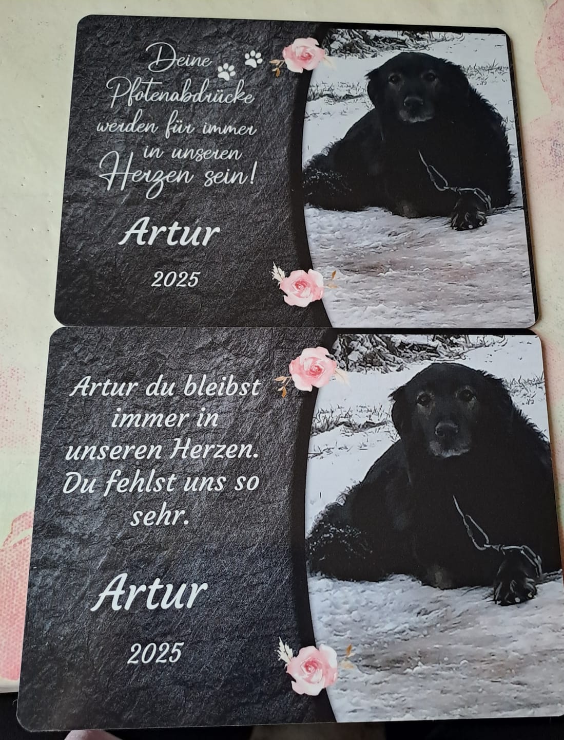 Customer photo review of Hunde Gedenktafel mit Foto & Spruch (UV- & Wetterfest)