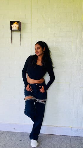 Customer photo review of Charlotte- Rhinestone Embellished Cargo Jeans
