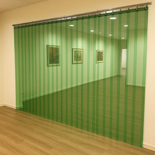 Customer photo review of Transparent Green Exhibition & Event Strip Curtains Hook-On Kit for Galleries & Spaces Includes Stainless Steel Rails & Prepped PVC Strips