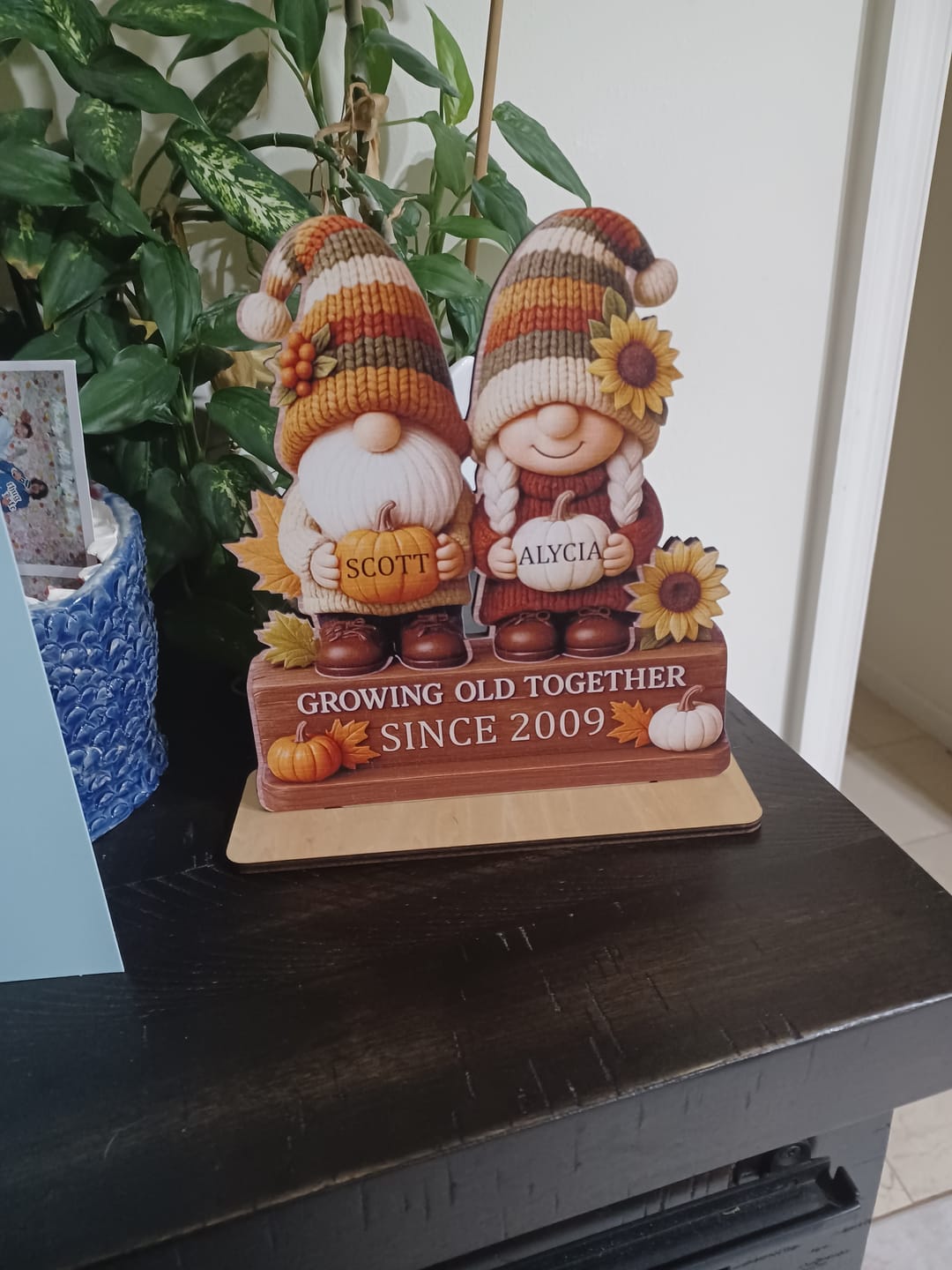 Customer photo review of Personalized "Growing Old Together" Gnome Plaque With Couple Names & Sunflowers Pumpkins Autumn's Warm Charm For Couple Gift For Grandparent