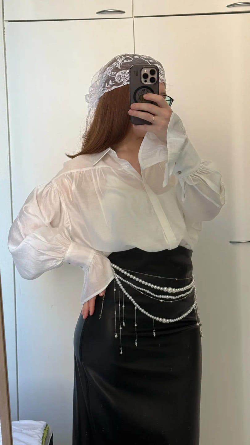 Customer photo review of Brielle Button Down Sheer Blouse