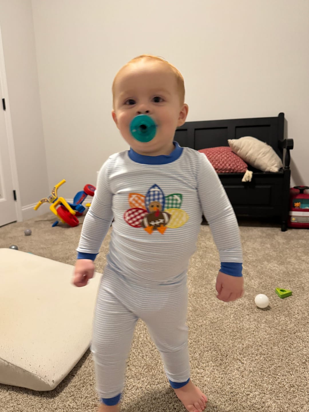Customer photo review of Turkey Football Light Blue Stripe Pajamas