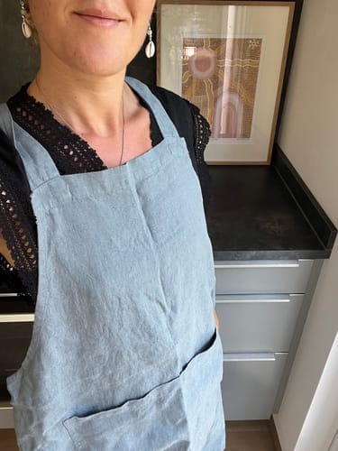 Customer photo review of Blue Fog Linen Crossback Apron