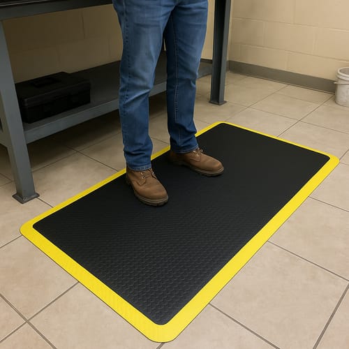 Customer photo review of Anti-Fatigue Noise Reducing Mat – Durable PVC Foam, Non-Slip, Cushioned Support for Workstations, Garages with Yellow Safety Borders