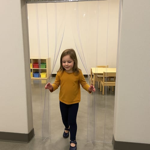 Customer photo review of School Freeflow PVC Curtains (QuickMount) Child-Safe, Clear, Energy-Efficient Strip Curtains for Schools & Nurseries Easy to Install