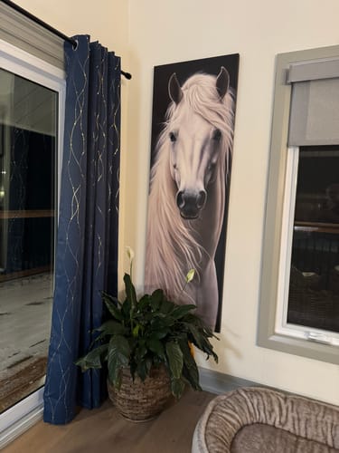 Customer photo review of Tall Narrow Vertical Blue Heron Abstract Framed Canvas Wall Art