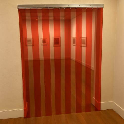 Customer photo review of Transparent Red Exhibition Strip Curtains – Creative, Energy-Saving Kit with Stainless Steel Rails