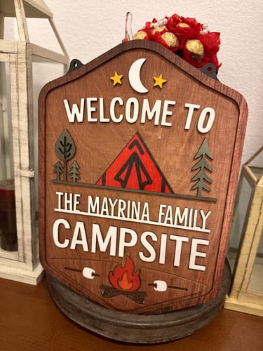 Customer photo review of Personalized Welcome To Our Campsite Sign - Camping Flag | Custom Family Name Camper Decoration (Tent)