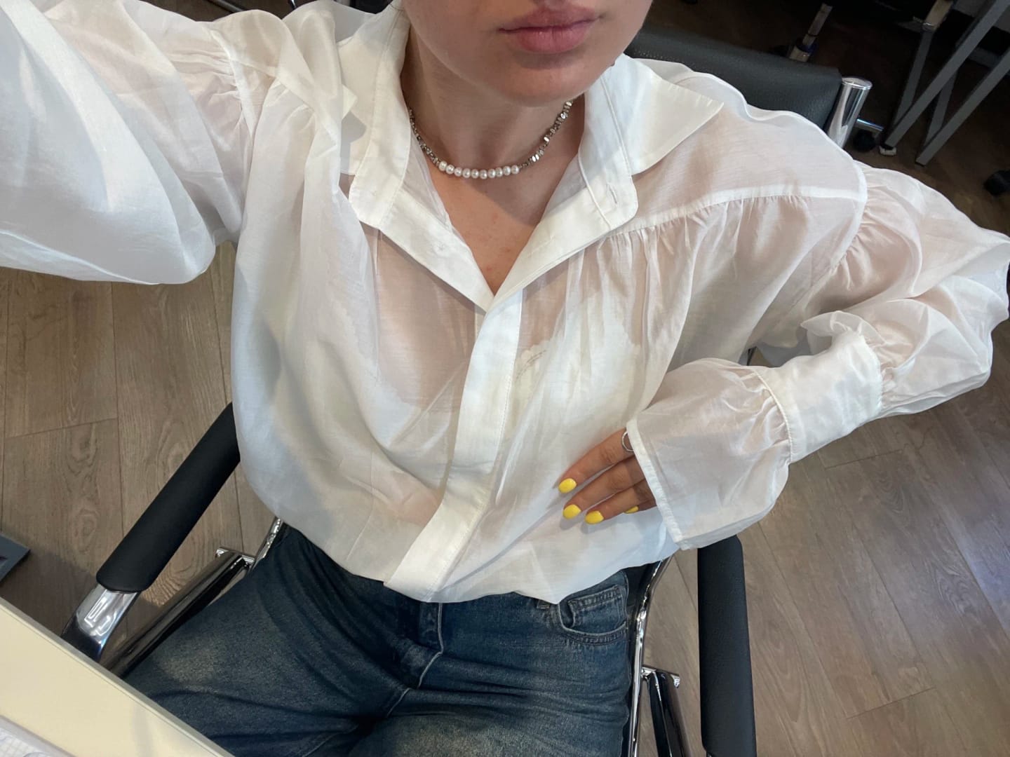 Customer photo review of Brielle Button Down Sheer Blouse