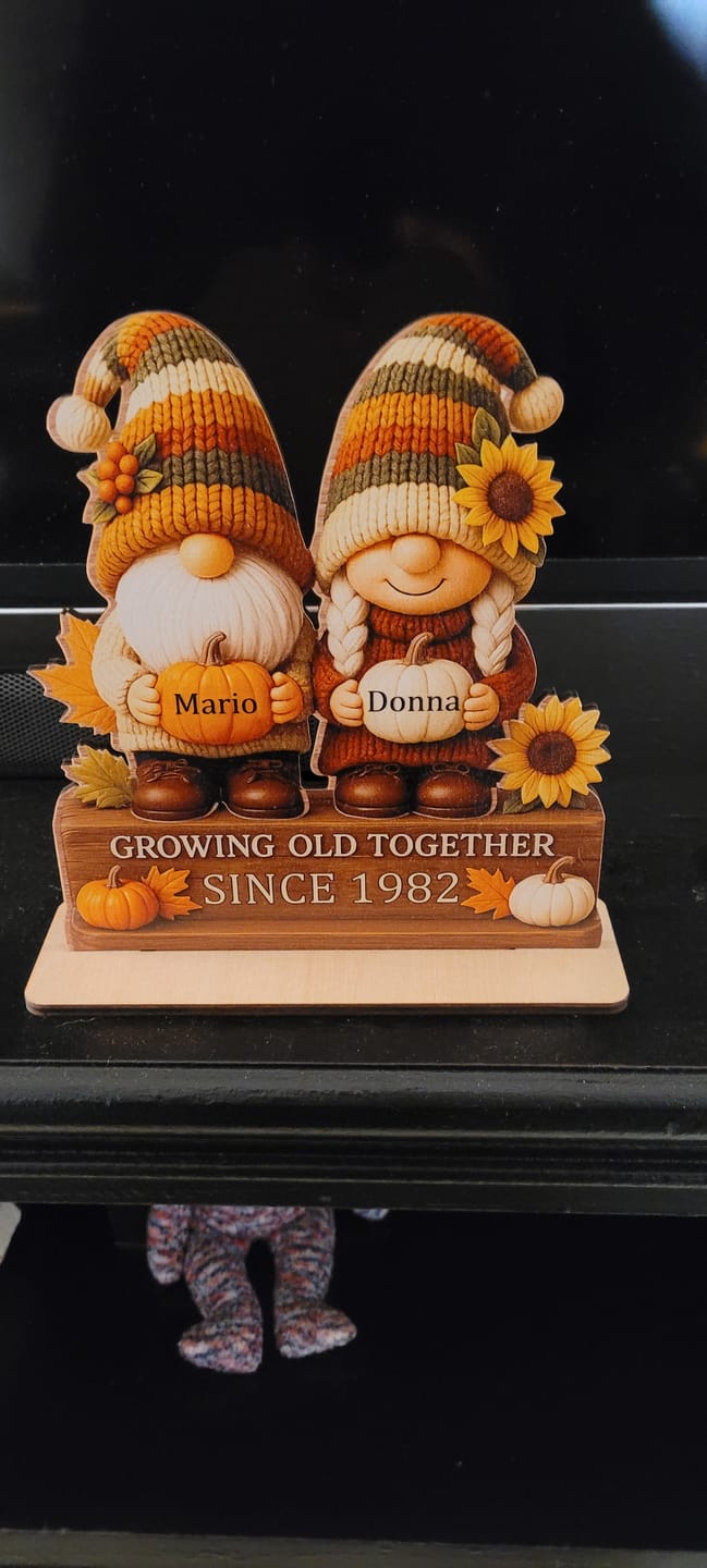 Customer photo review of Personalized "Growing Old Together" Gnome Plaque With Couple Names & Sunflowers Pumpkins Autumn's Warm Charm For Couple Gift For Grandparent
