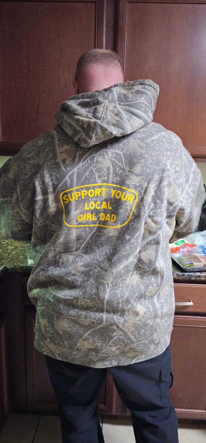 Customer photo review of Support Your Local Girl Dad Hoodie (Tree Camo Edition)
