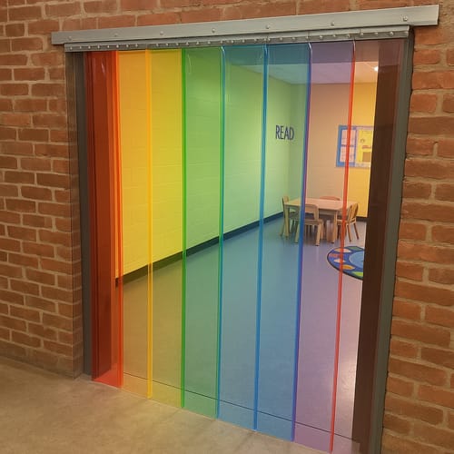 Customer photo review of Transparent Rainbow Nursery Freeflow Curtains (QuickMount) – Safe, Vibrant PVC Partition for Schools & Nurseries, Easy Install, Energy-Efficient