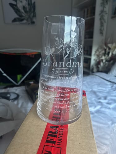 Customer photo review of Engraved Medium Tapered Clear Glass Vase - 12D x22cmH