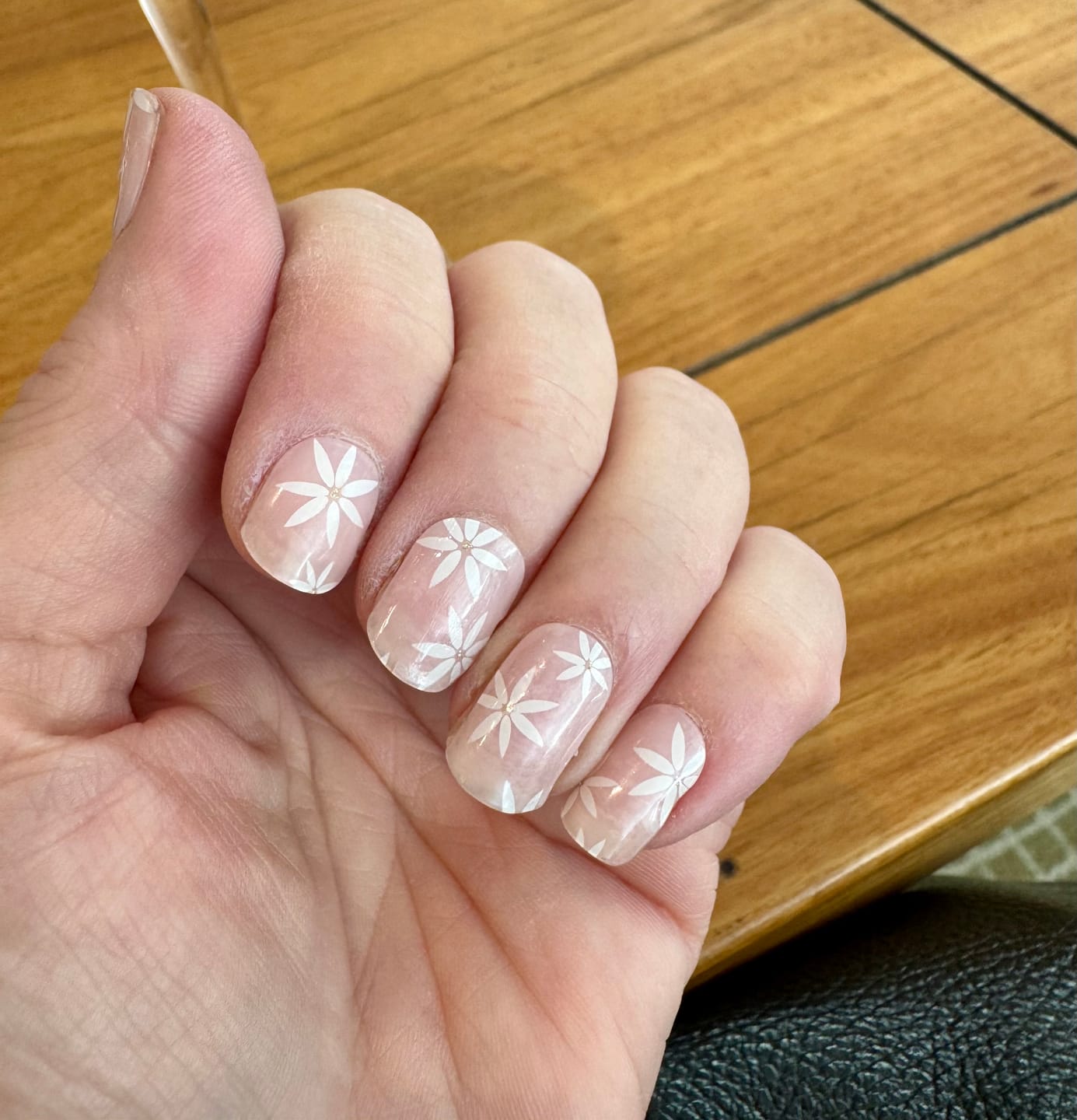 Customer photo review of Pretty Pink Daisies DIY Semicured Gel Nail Sticker Kit