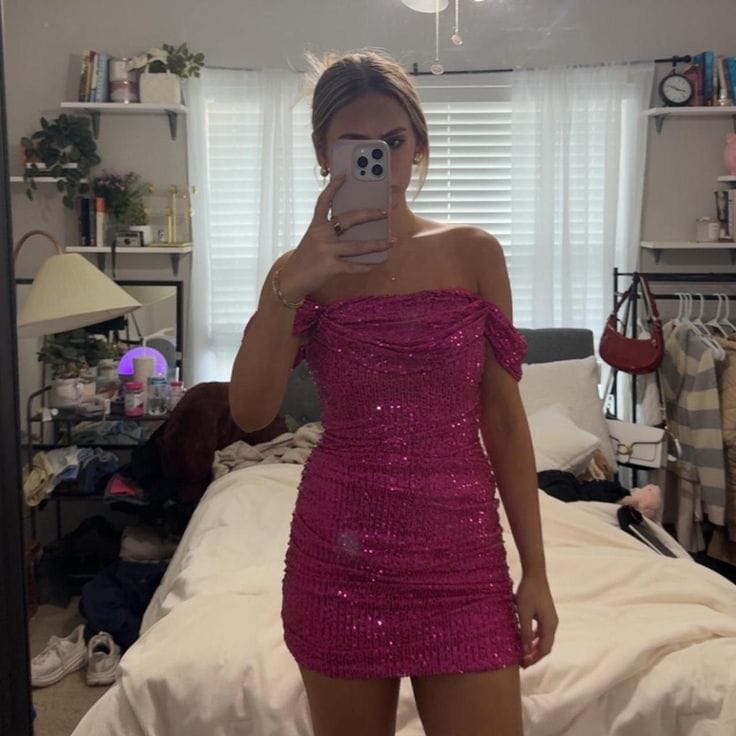 Customer photo review of Off the Shoulder Pink Ruched Sequin Short Dress