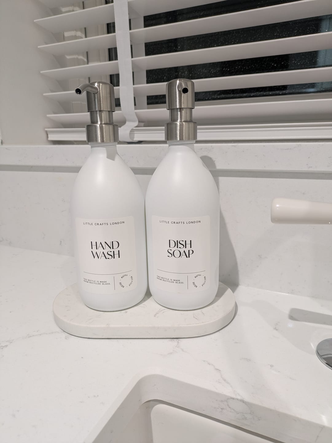 Customer photo review of Set of 2 Milky White Glass Bottle 500 ML with Metal Pump & Small Tray (White Label)