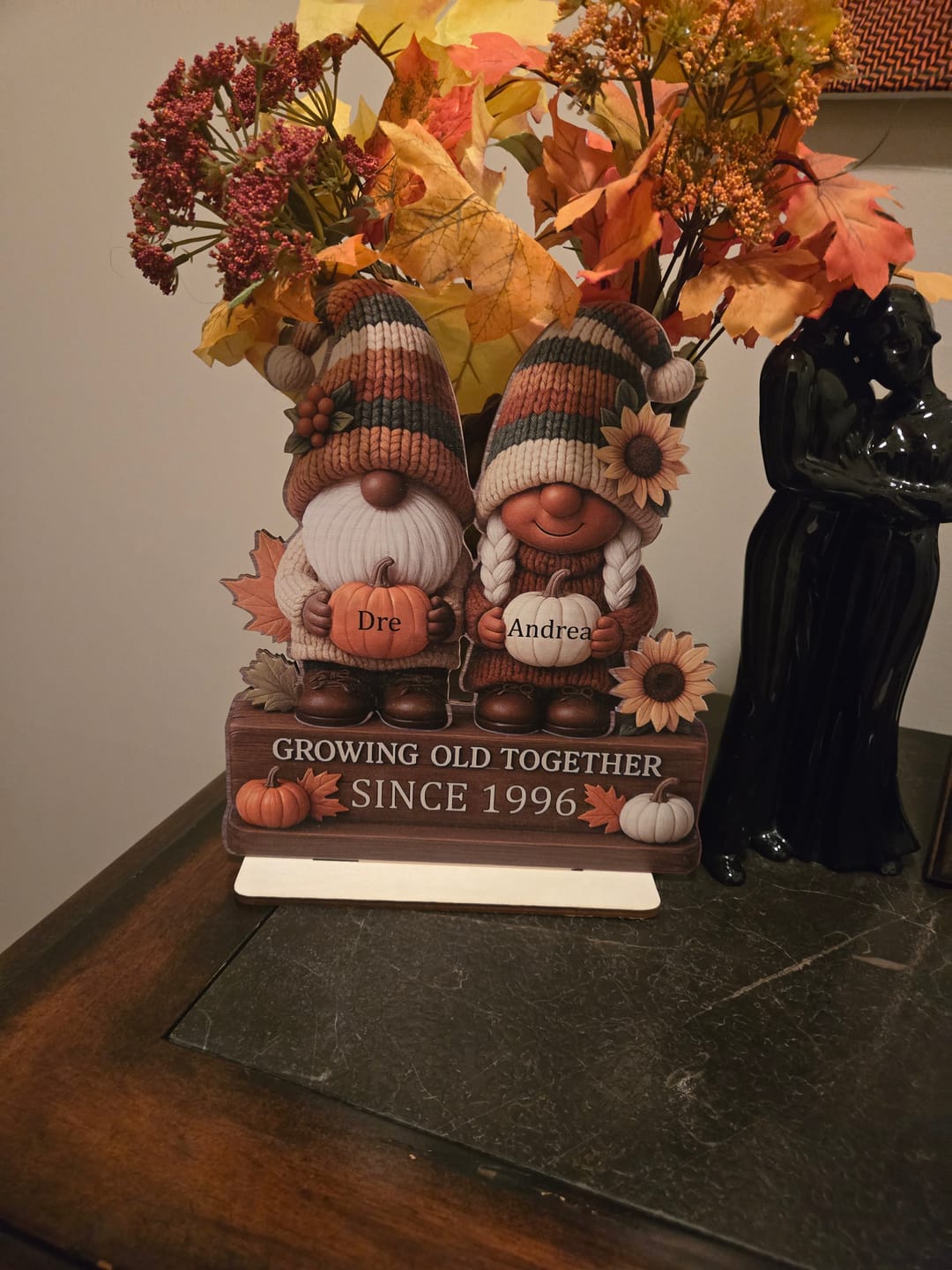 Customer photo review of Personalized "Growing Old Together" Gnome Plaque With Couple Names & Sunflowers Pumpkins Autumn's Warm Charm For Couple Gift For Grandparent