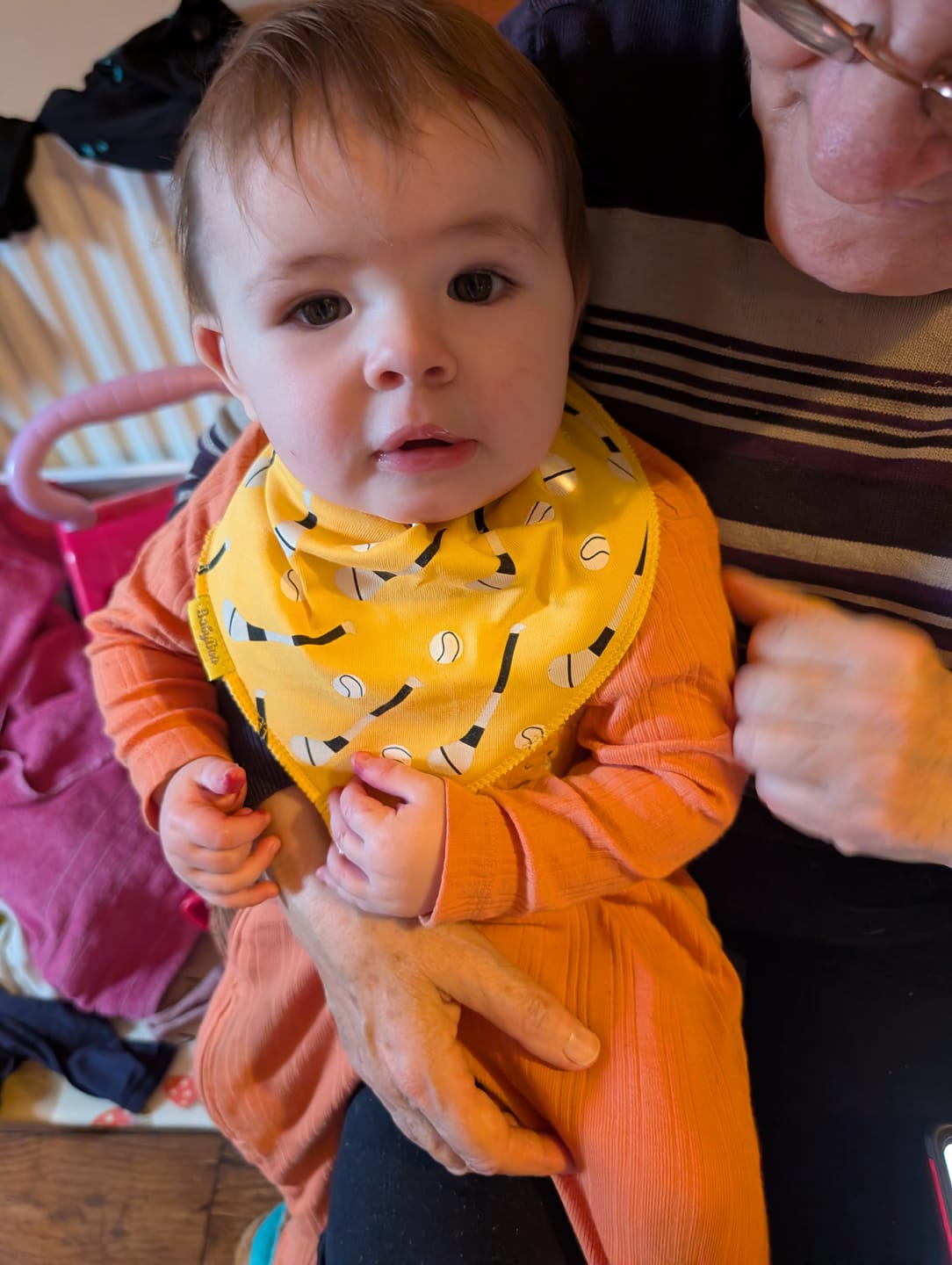 Customer photo review of Yellow GAA mad organic cotton DribbleBoo bandana bib