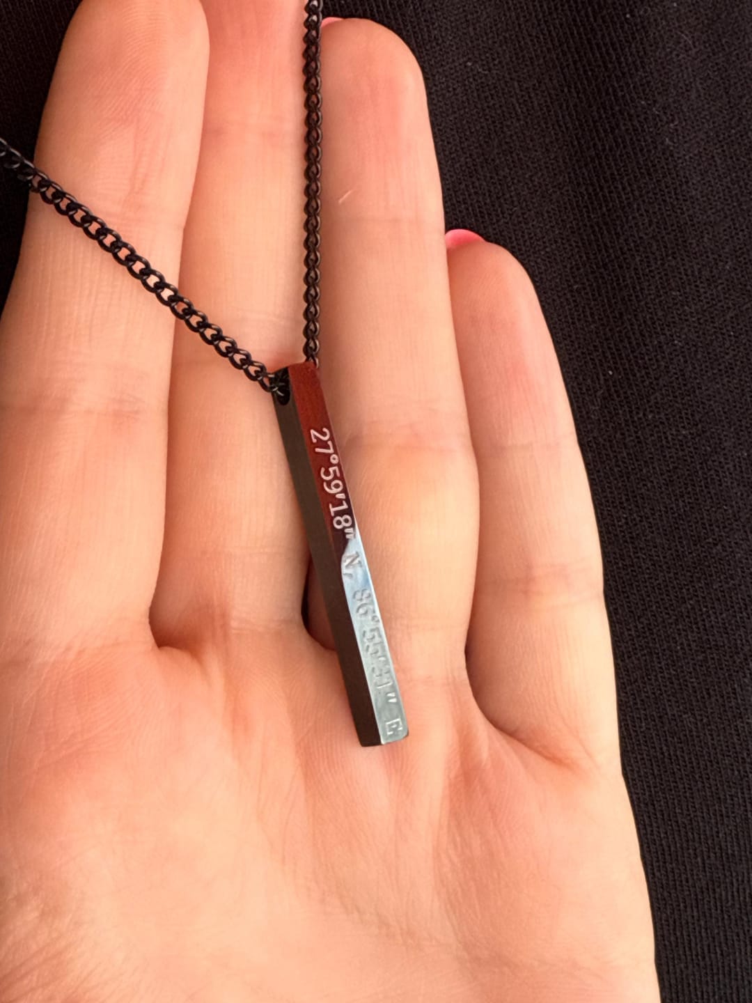 Customer photo review of Black Personalised Bar Necklace