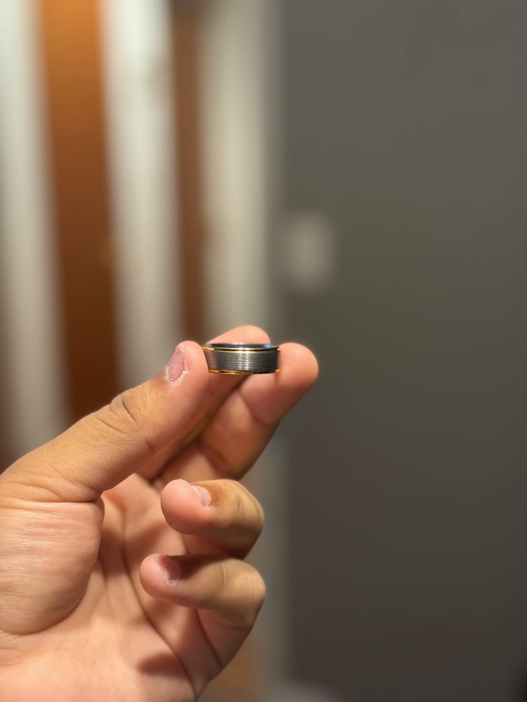 Customer photo review of 8mm Silver and Gold Brushed Tungsten Carbide Wedding Band