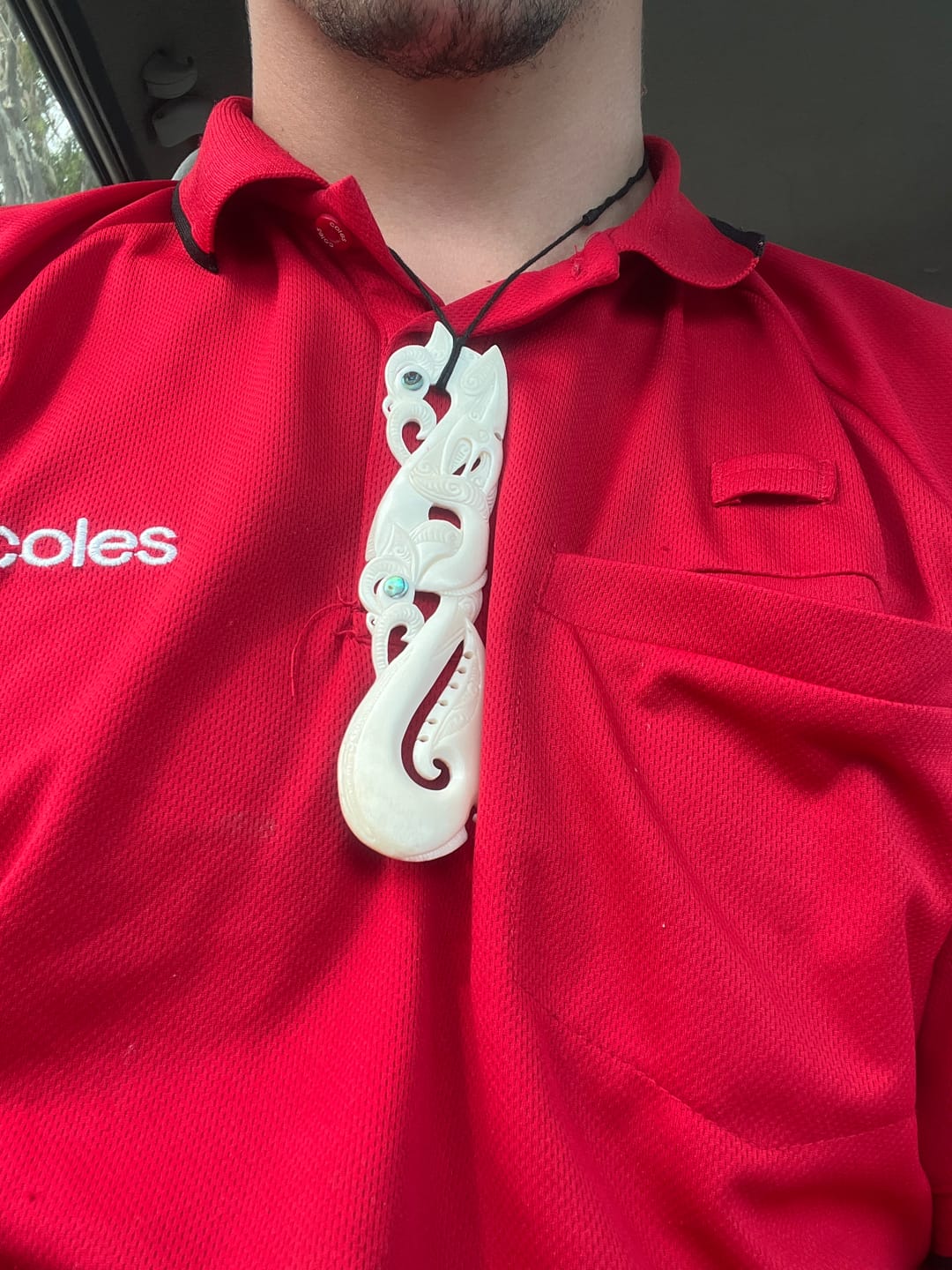 Customer photo review of Intricately Carved 12.5cm Maori Bone Manaia Necklace