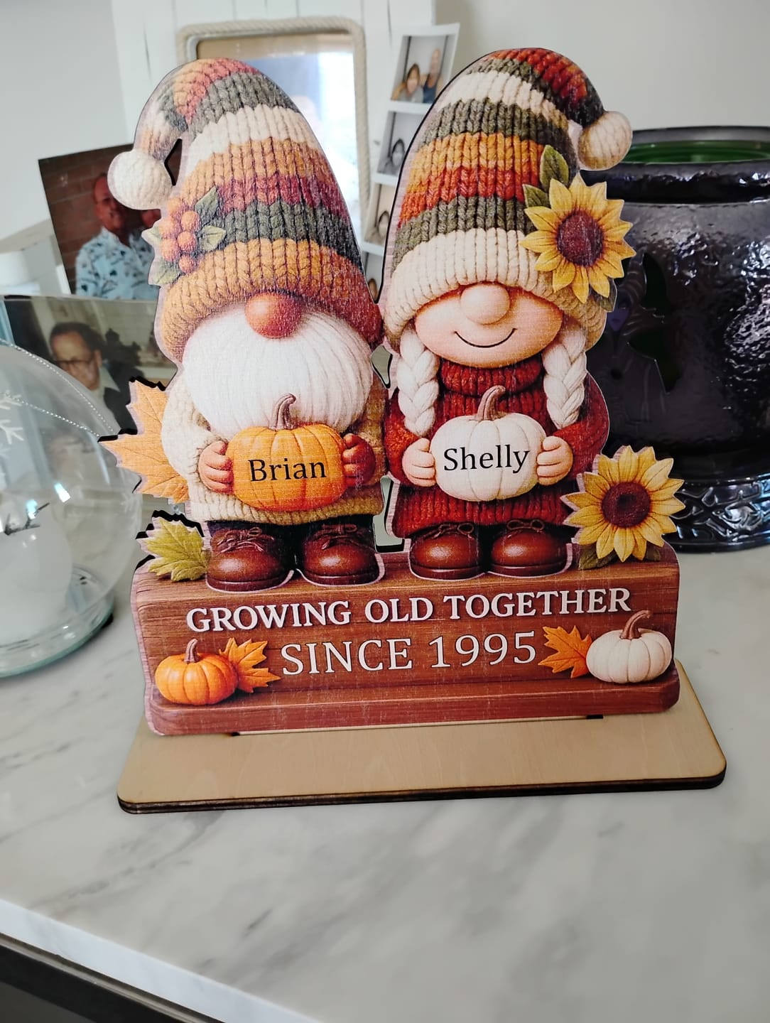 Customer photo review of Personalized "Growing Old Together" Gnome Plaque With Couple Names & Sunflowers Pumpkins Autumn's Warm Charm For Couple Gift For Grandparent