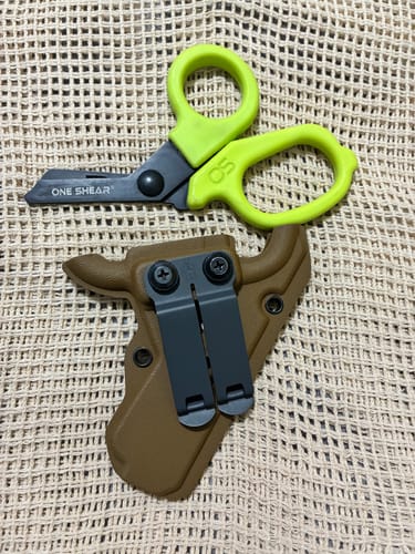 Customer photo review of Coyote Tan MINI Compact EMT and First Responders Rescue Shears Kydex Holder | ONE SHEAR®