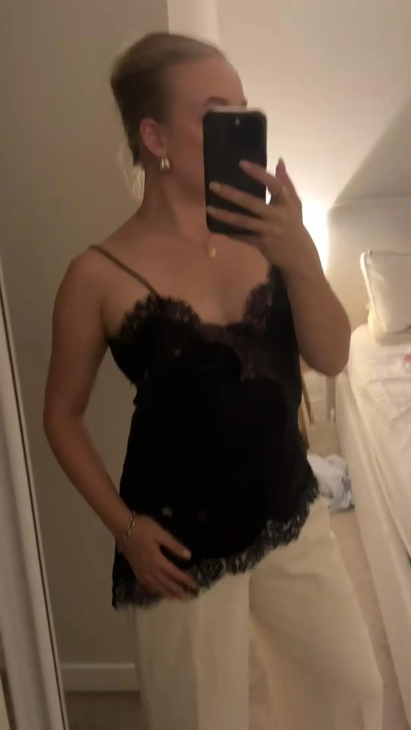Customer photo review of Kara Asymmetric Satin Cami Top