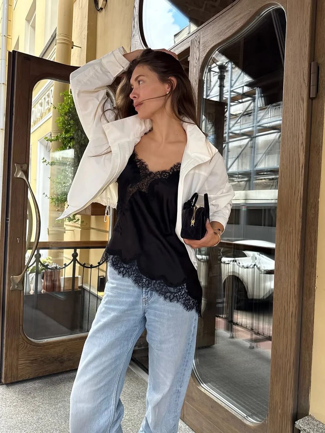 Customer photo review of Kara Asymmetric Satin Cami Top