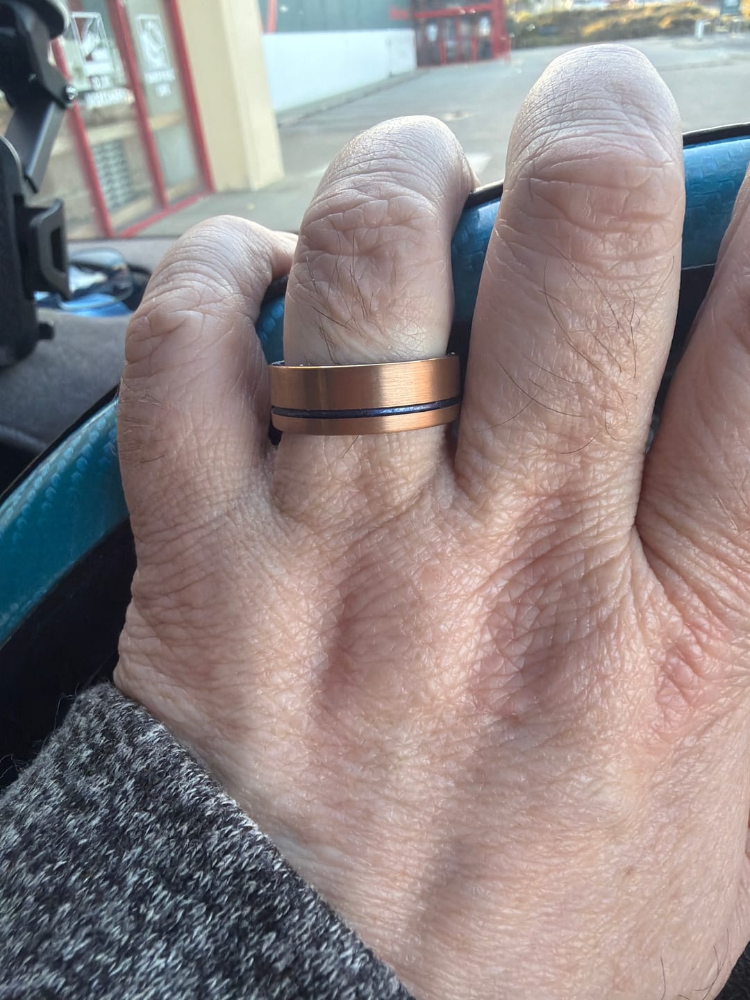 Customer photo review of The Patron - Rose Gold Brushed Blue Inlay Tungsten Ring